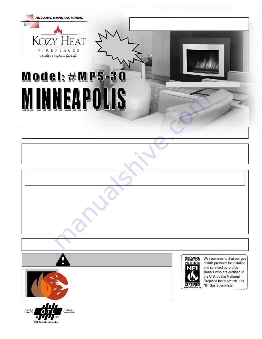 kozy heat Minneapolis MPS-30 Installation And Operation Manual Download Page 1