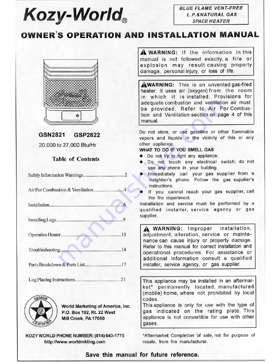 Kozy-World GSN2821 Owner'S Operation & Installation Manual Download Page 1