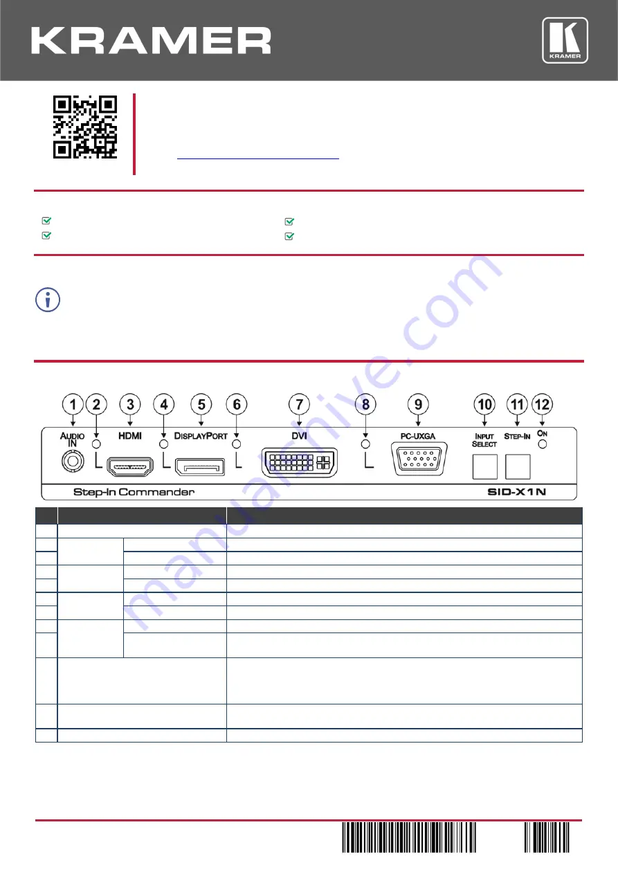 Kramer SID-X1N Quick Start Manual Download Page 1