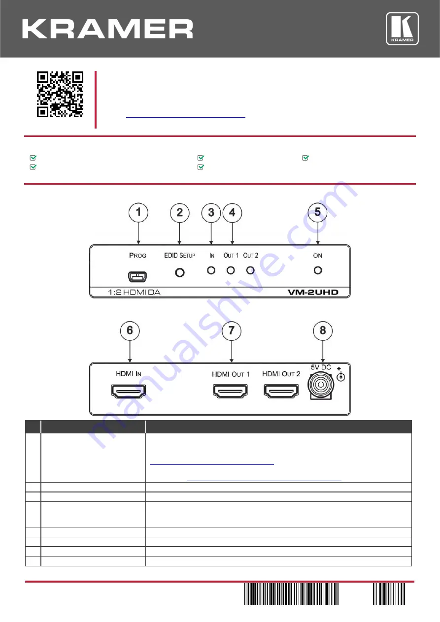 Kramer VM-2UHD Quick Start Manual Download Page 1