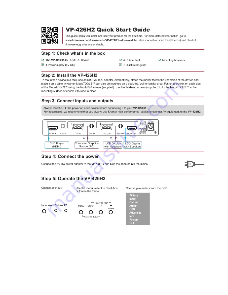 Kramer VP-426H2 Скачать руководство пользователя страница 2