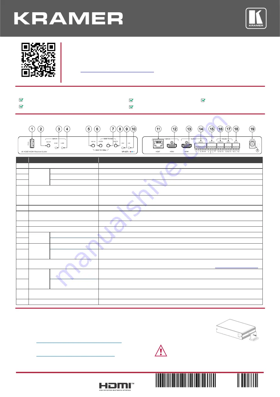 Kramer VP-427X Quick Start Manual Download Page 1