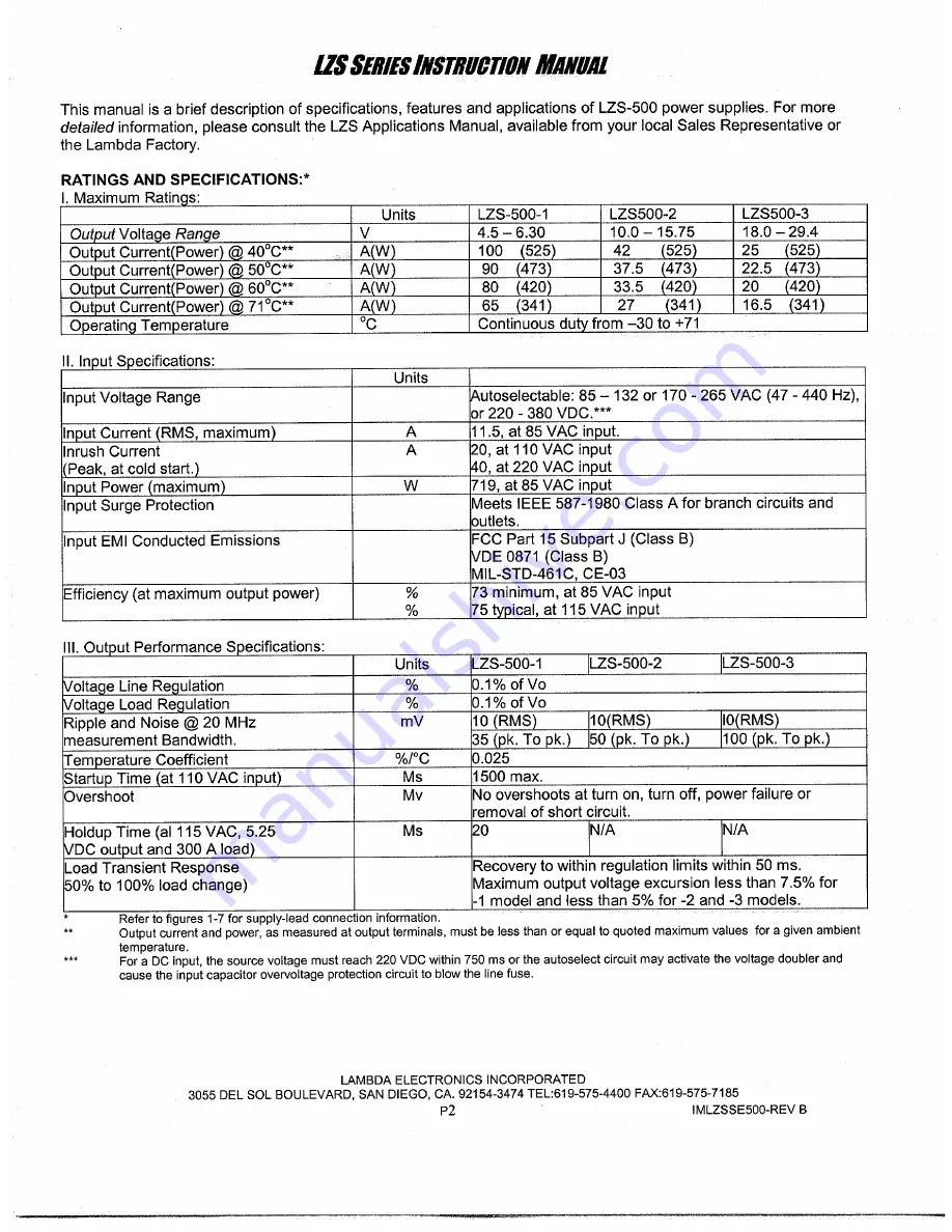 Lambda LZS-500 Series Instruction Manual Download Page 3