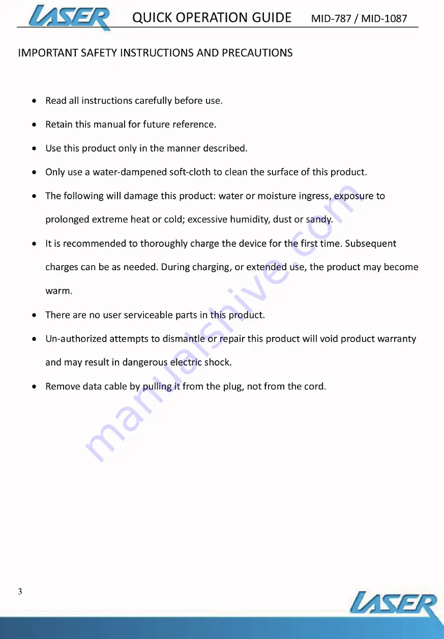 Laser MID-787 Quick Operation Manual Download Page 3