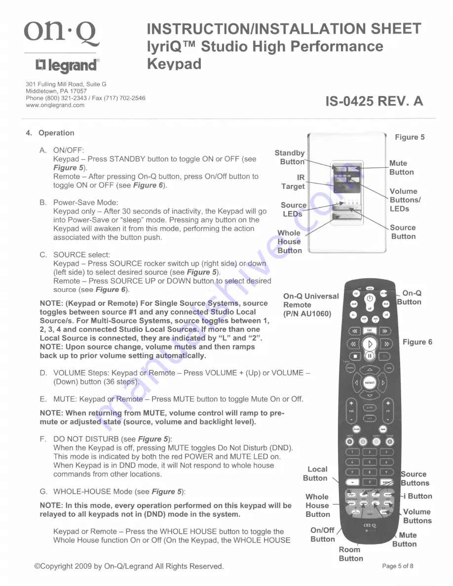 LEGRAND lyriQ AU5010 Series Instruction/Installation Sheet Download Page 5