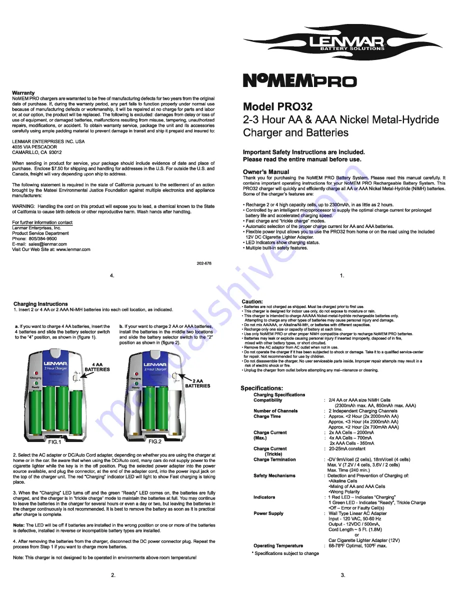 Lenmar PRO-32 Owner'S Manual Download Page 1