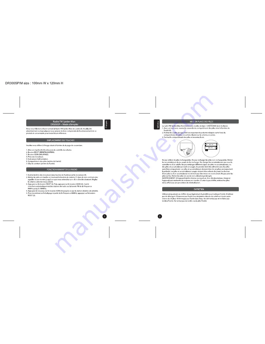 LEXIBOOK RADIO FM SPIDERMAN Instruction Manual Download Page 2