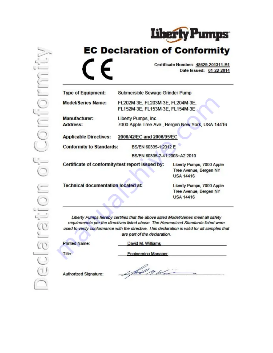 Liberty Pumps FL152M-3E Owner'S Manual Download Page 2