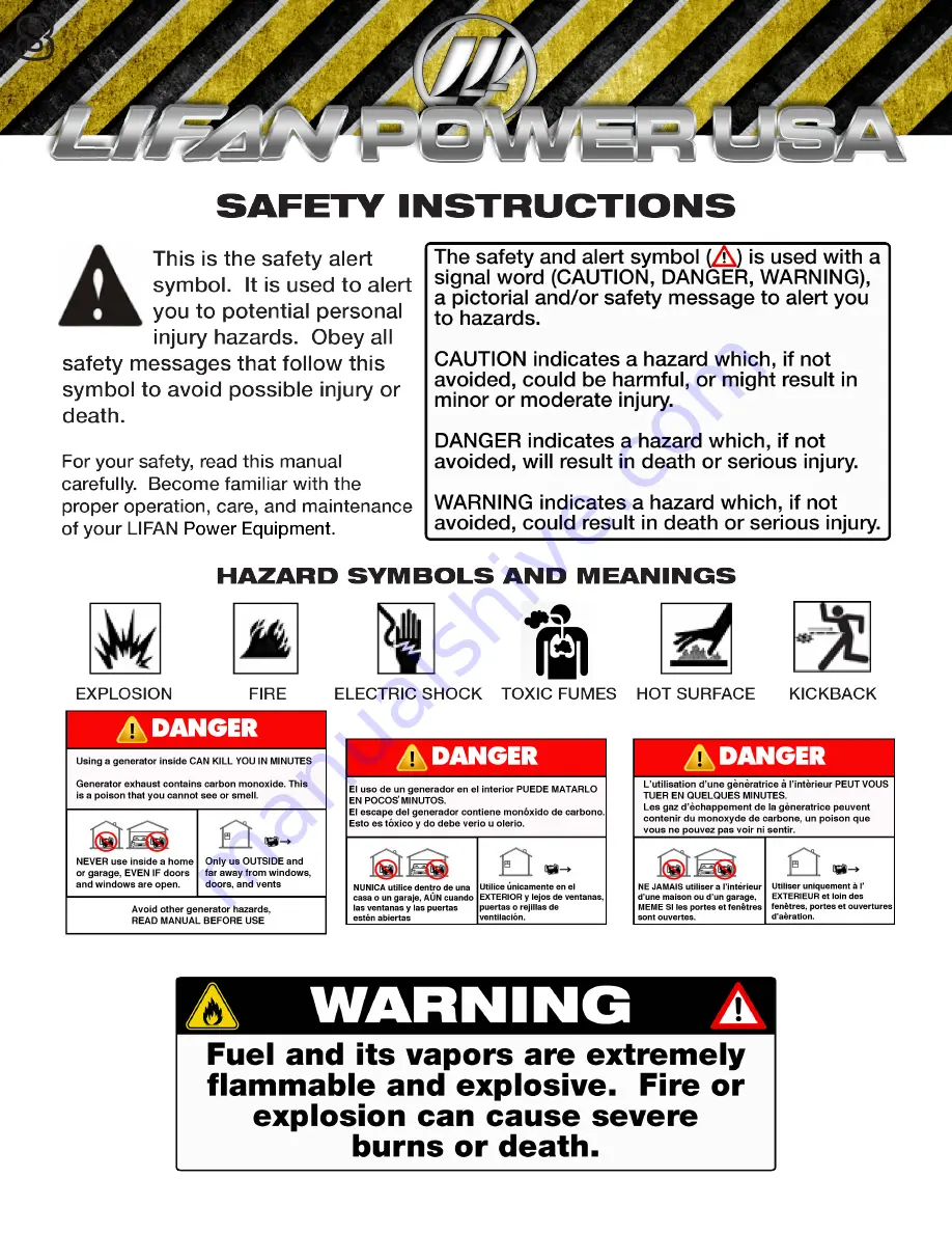 LIFAN	 Power USA Energy Storm ESI-7000iER-EFI Operating Instructions And Owner'S Manual Download Page 8