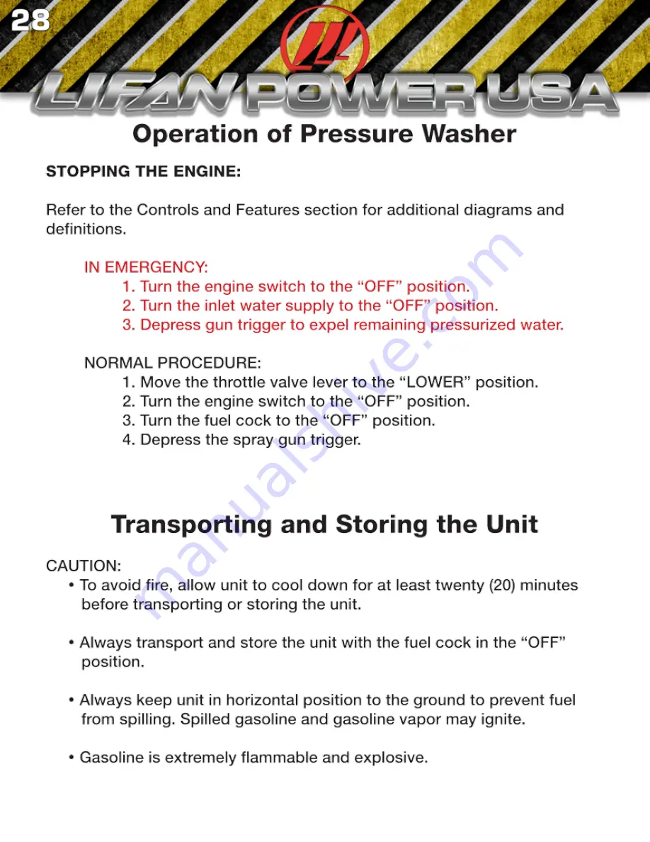 LIFAN	 Power USA LFQ2130-CA Operating Instructions Manual Download Page 28