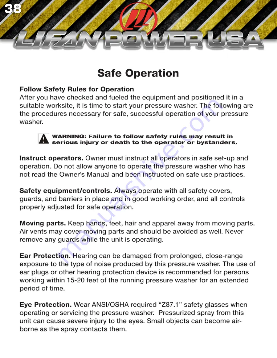 LIFAN	 Power USA LFQ2130-CA Operating Instructions Manual Download Page 38