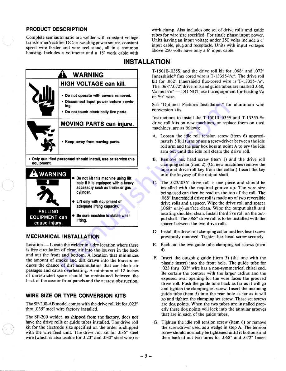 Lincoln Electric IDEALARC SP-200 Operating Manual Download Page 5