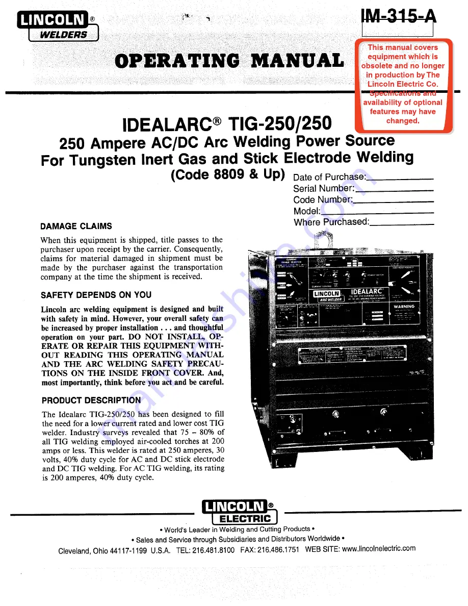 Lincoln Electric IDEALARC TIG-250/250 Operating Manual Download Page 1