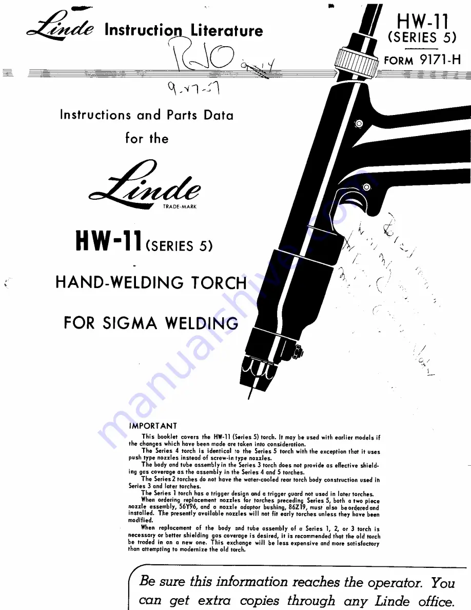 Linde HW-11 Indtructions And Parts Data Download Page 1