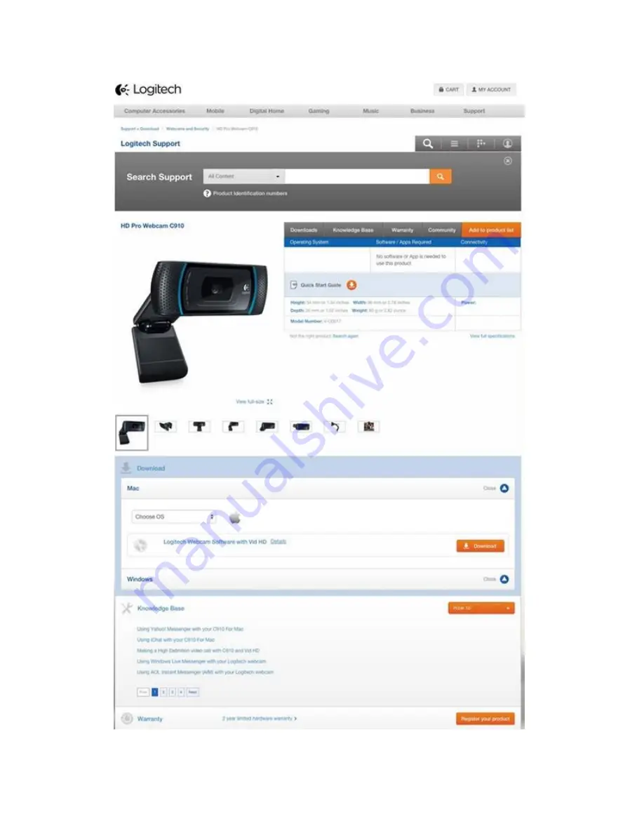 Logitech HD Pro Webcam C910 Скачать руководство пользователя страница 21