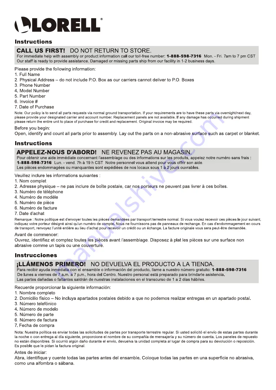 Lorell LLR50194 Assembly Instruction Manual Download Page 9