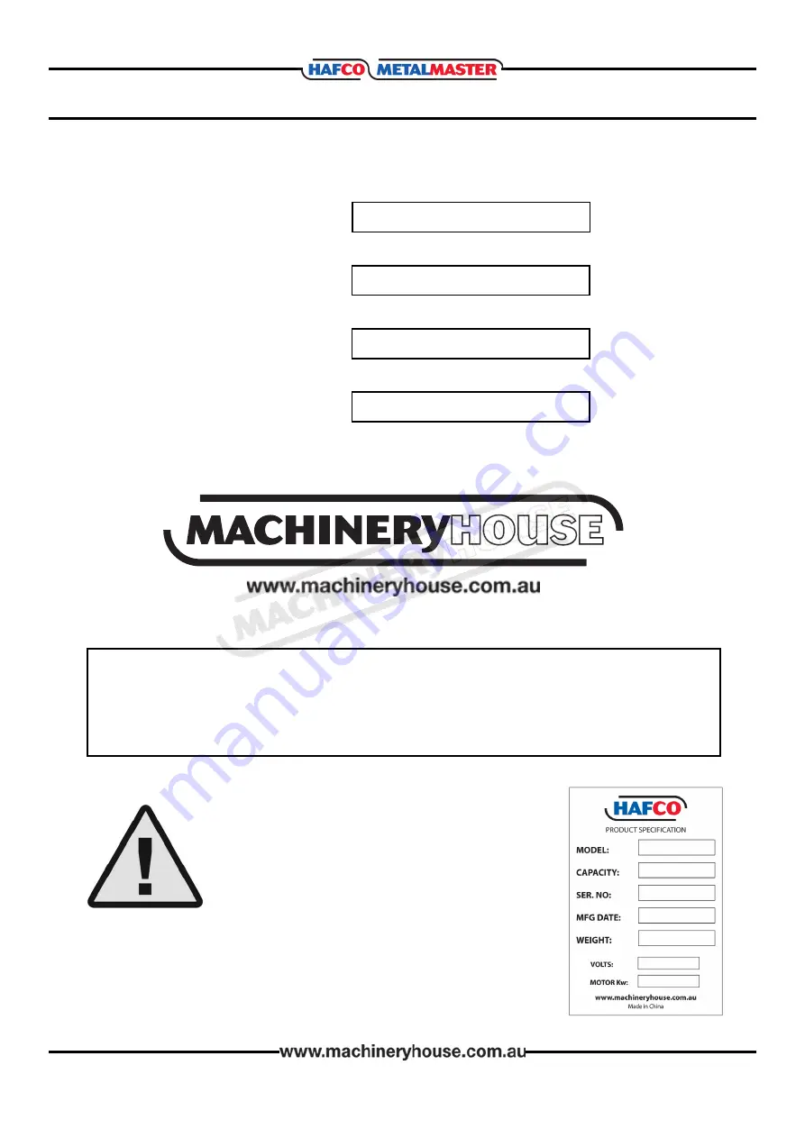 MachineryHouse HAFCO METALMASTER GHD-55G Скачать руководство пользователя страница 2