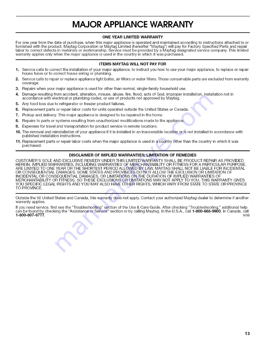 Magic Chef CTB1821VRW01 Use & Care Manual Download Page 13