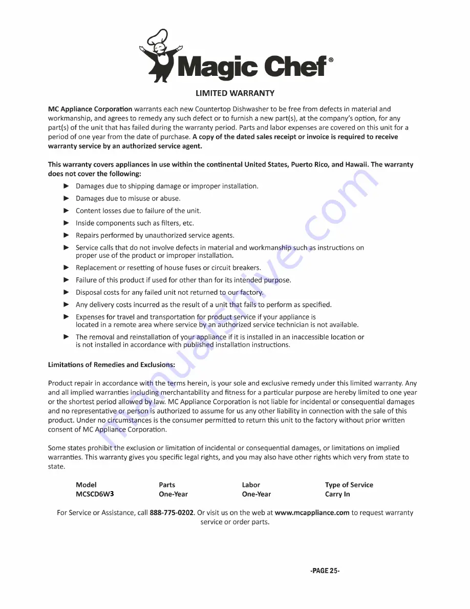 Magic Chef MCSCD6W3 User Manual Download Page 26