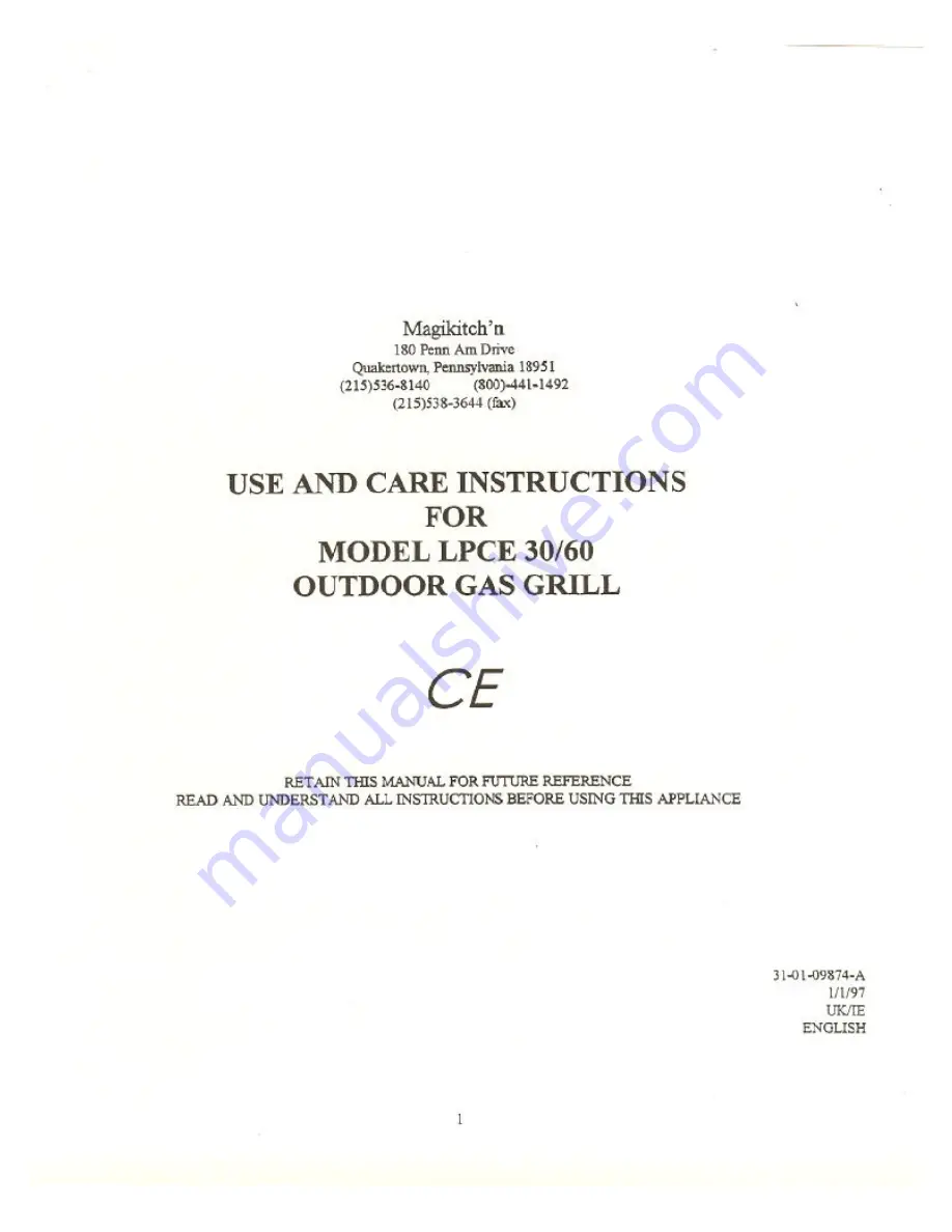 Magikitch'n LPCE 30 Use And Care Instructions Manual Download Page 1