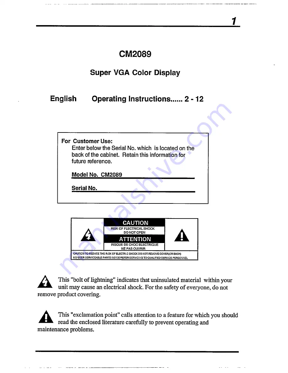 Magnavox CM2089JS Installation And Operation Manual Download Page 3