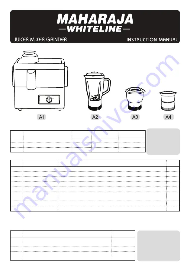 Maharaja Whiteline juicer mixer grinder Instruction Manual Download Page 1