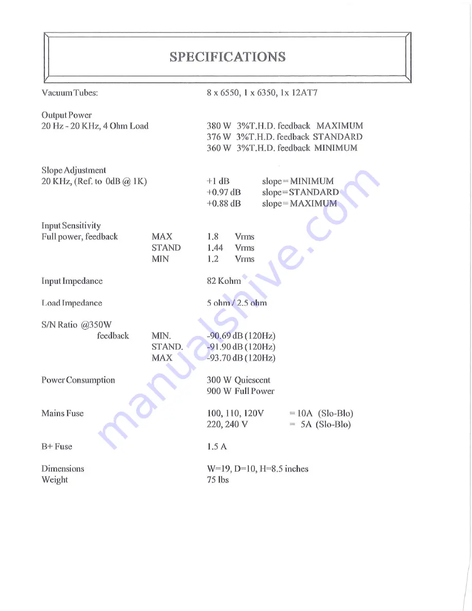 Manley STUDIO STANDARD 350 WATT MONOBLOCK AMPLIFIER Owner'S Manual Download Page 11