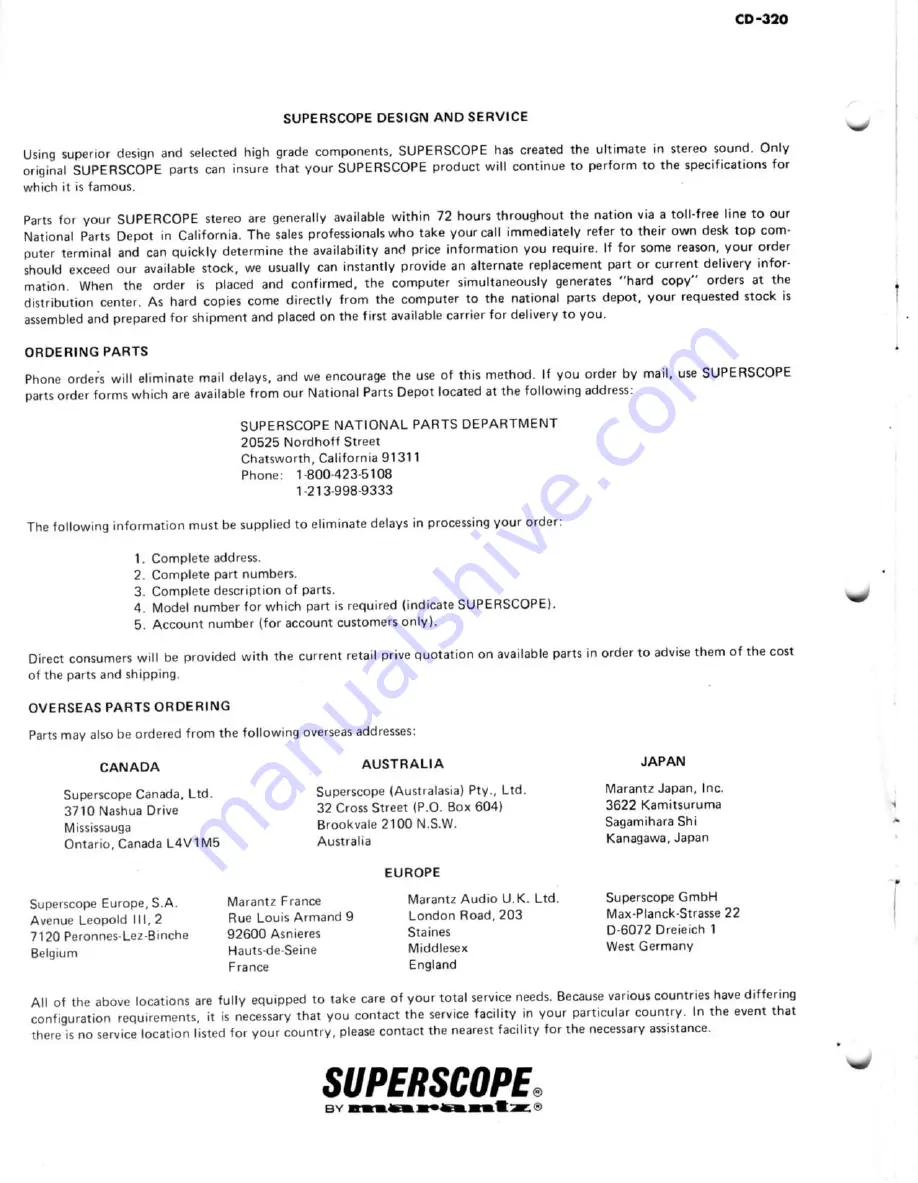 Marantz SUPERSCOPE CD-320 Service Data Download Page 2