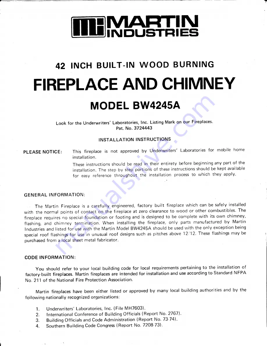 Martin Industries BW4245A Installation Instructions Manual Download Page 1