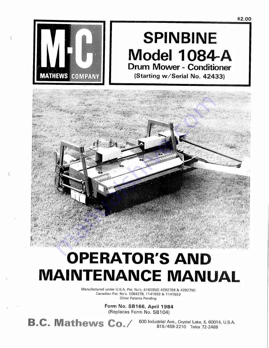 mathews company spinbine 1084-a Operator And  Maintenance Manual Download Page 1