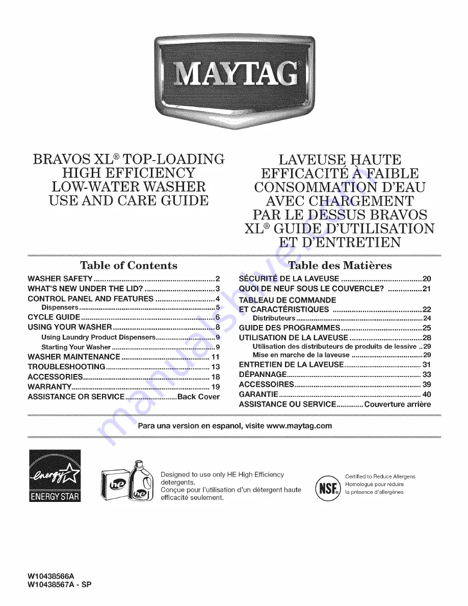 Maytag Bravos MVWB850Y Use And Care Manual Download Page 1