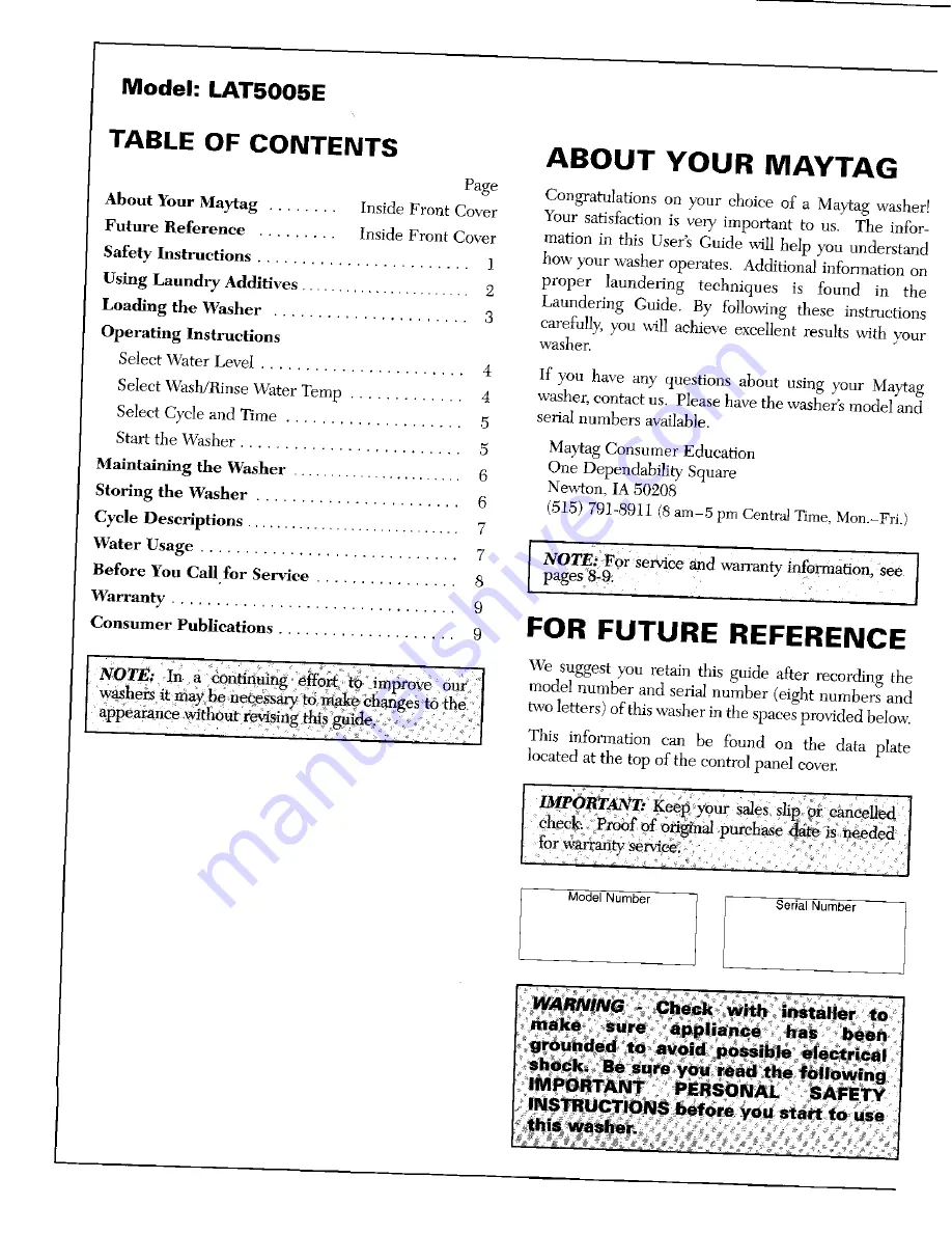 Maytag LAT5005E User Manual Download Page 1