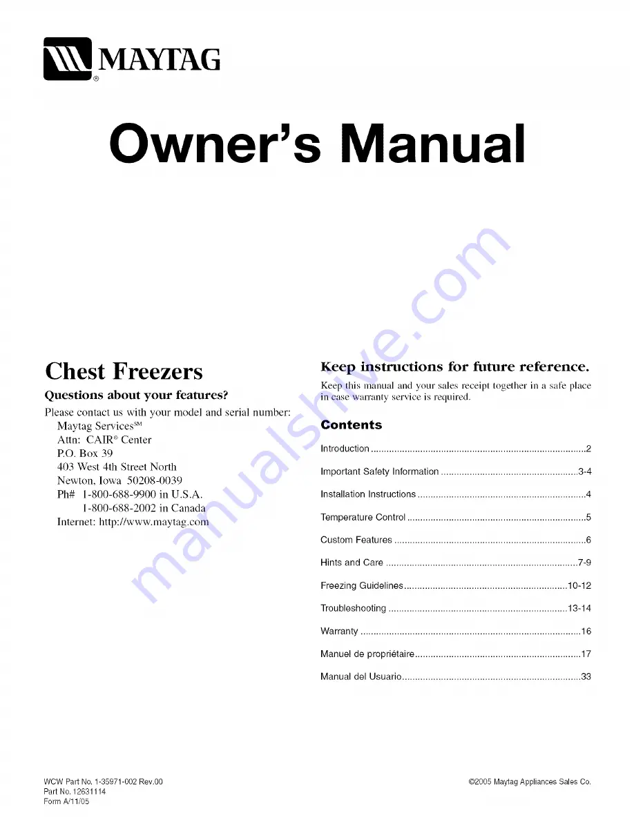 Maytag MFC1005CEW Owner'S Manual Download Page 1