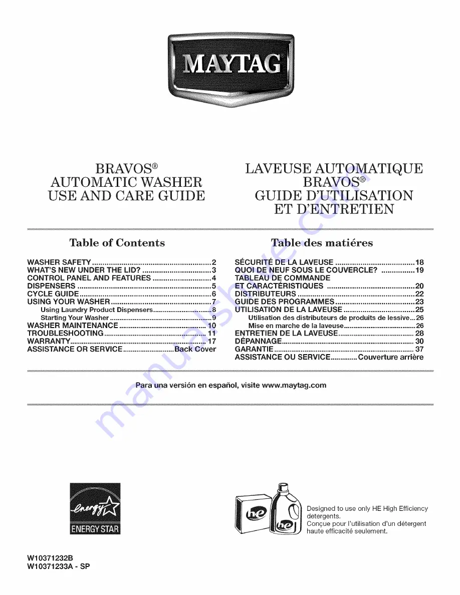 Maytag MVWB755YL0 Use And Care Manual Download Page 1