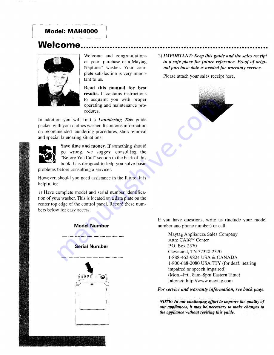 Maytag Neptune MAH4000 Manual Download Page 1