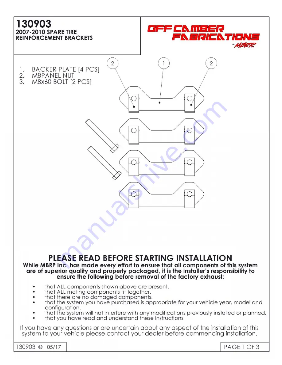 MBRP Off Camber Fabrications 130903 Скачать руководство пользователя страница 1