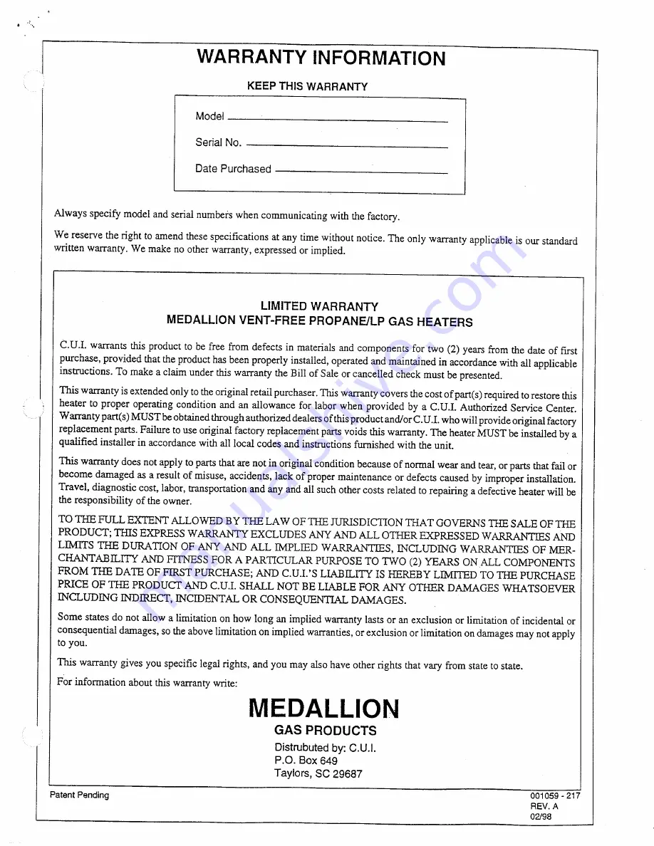 Medallion MR16P Owner'S Operation And Installation Manual Download Page 7