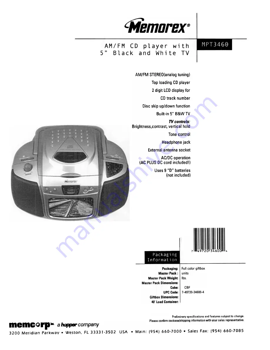 Memorex MPT-3460 Скачать руководство пользователя страница 1