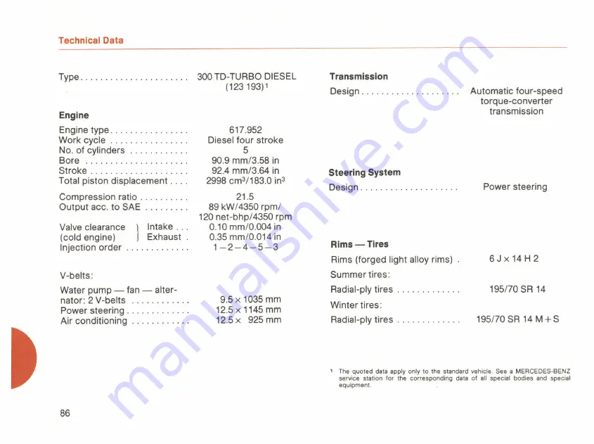 Mercedes-Benz 300 TD 123 T 1983 Owner'S Manual Download Page 88