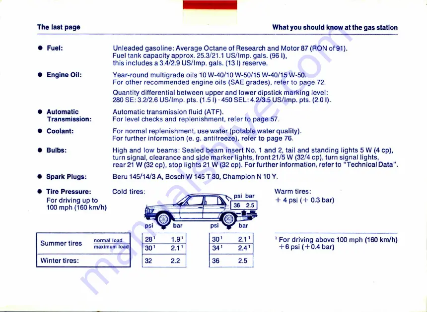 Mersedes-Benz 280 SE 1978 Owner'S Manual Download Page 82