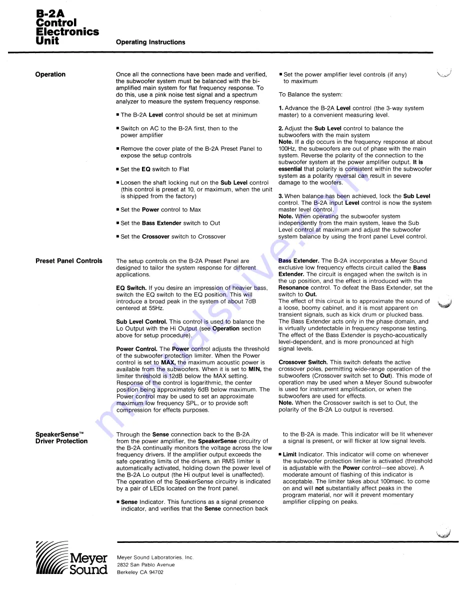 Meyer Sound B-2A Operating Instructions Download Page 2