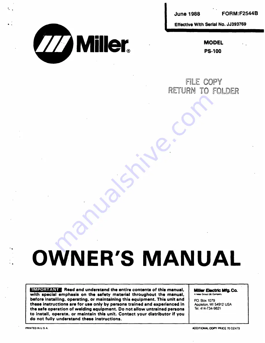 Miller ps-100 Owner'S Manual Download Page 1