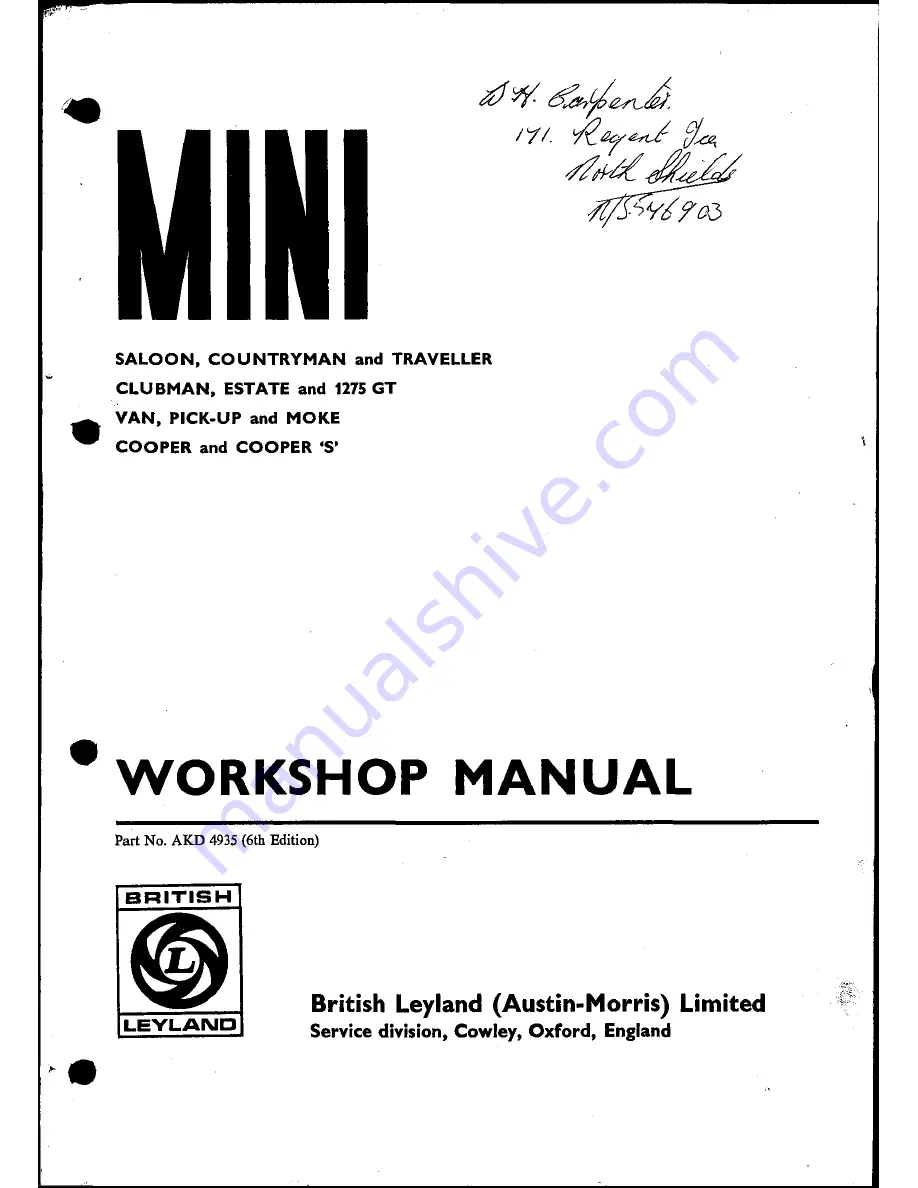 Mini 1275 GT Workshop Manual Download Page 1