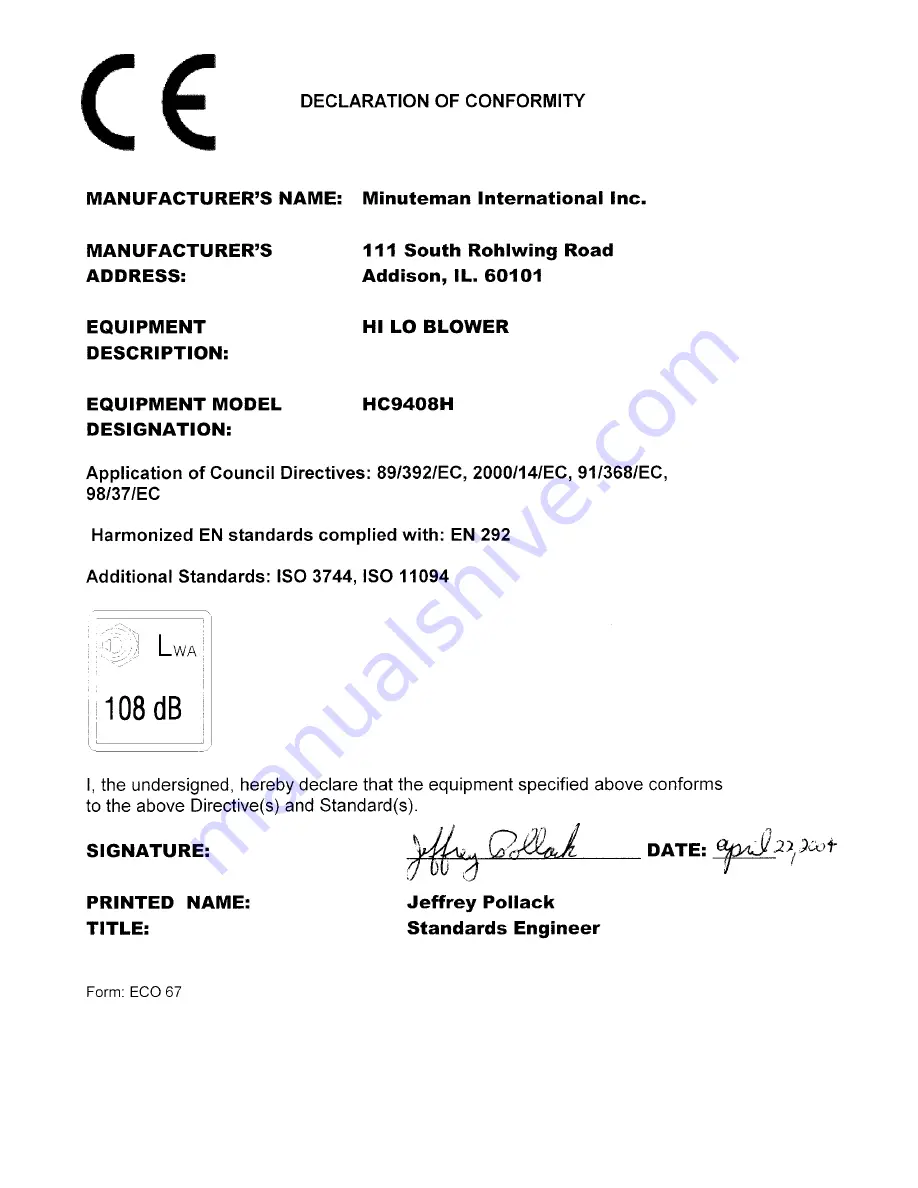 Minuteman HC8880K HC8880KHC9408H Operation Service Parts Care Download Page 2