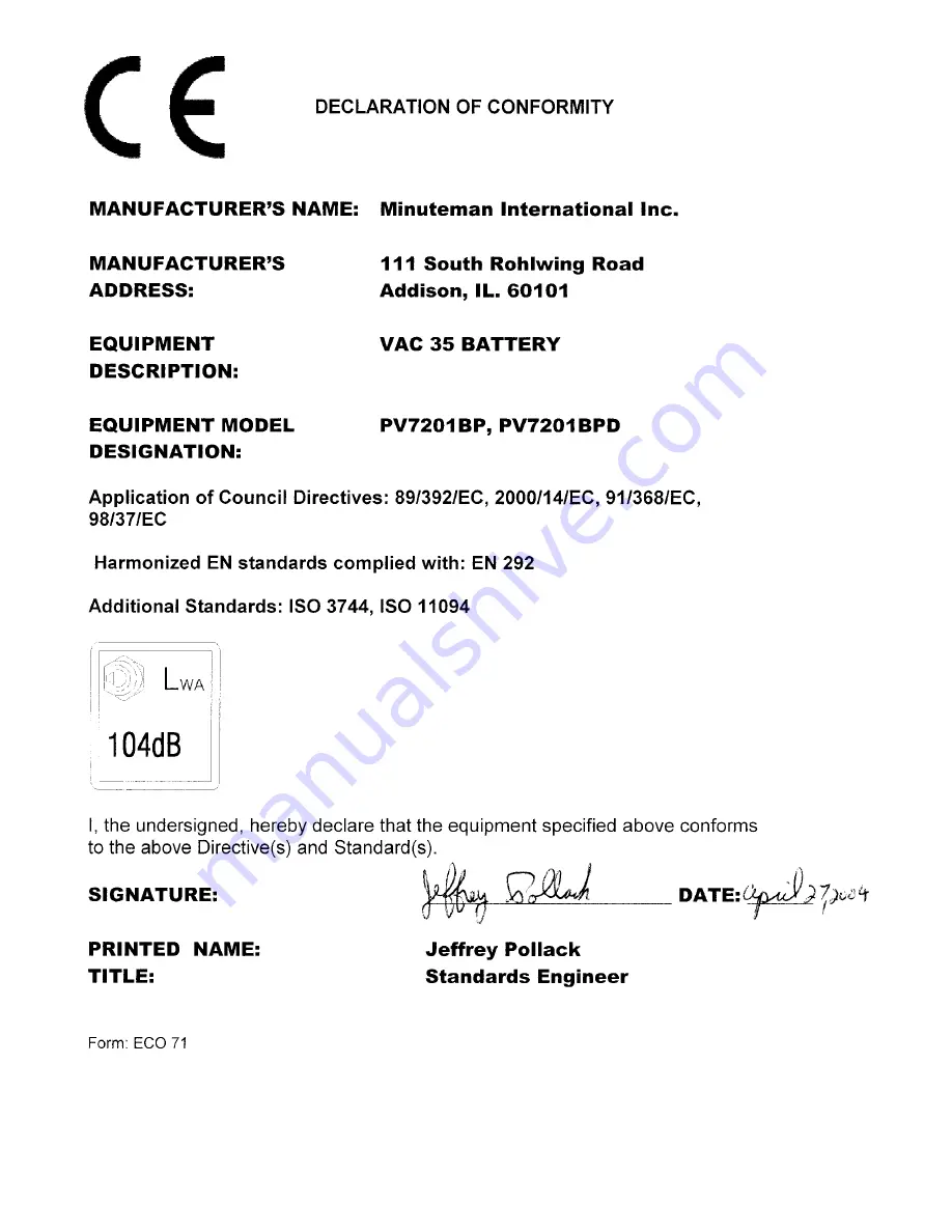 Minuteman pv-7201-bp Operation, Service And Parts Manual Download Page 2