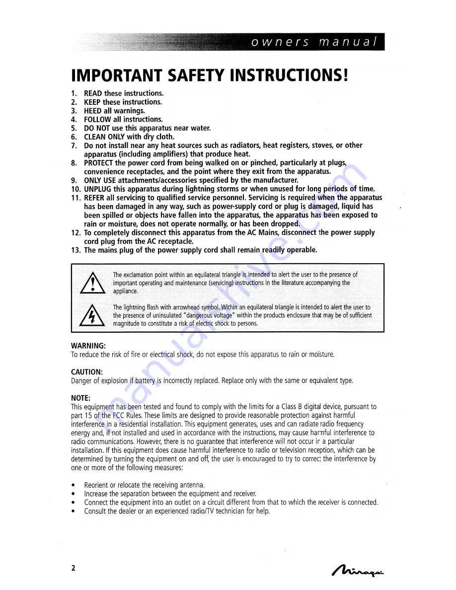 Mirage Mirage OmniVibe Owner'S Manual Download Page 2