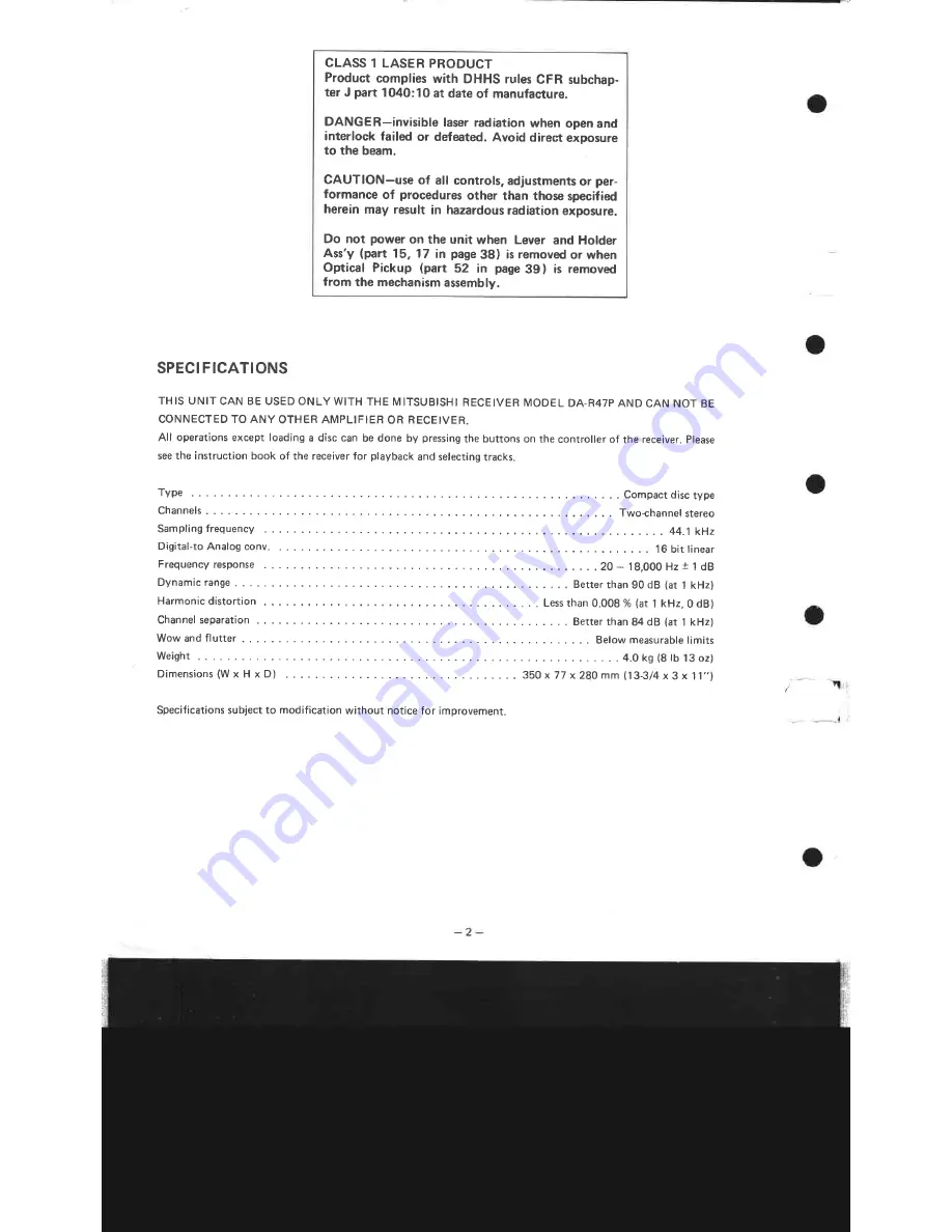 Mitsubishi DP-47P Service Manual Download Page 2