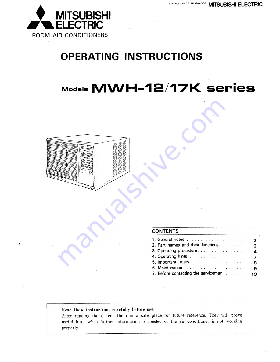 Mitsubishi MWH-12/17K Скачать руководство пользователя страница 1