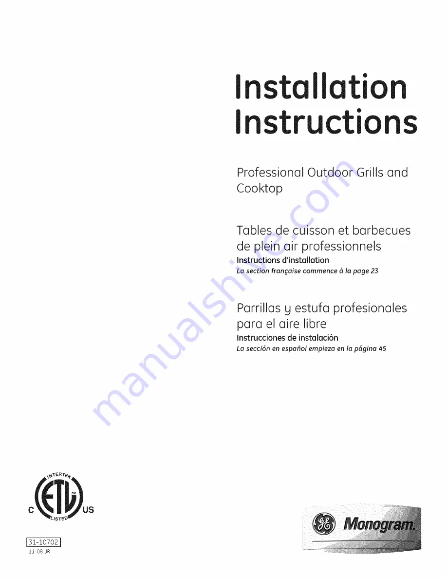 Monogram 31-10702 Installation Instructions Manual Download Page 1