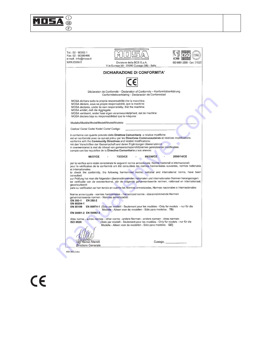 Mosa GE 6000 DES/GS-L Use And Maintenance Manual, Spare Parts Catalog Download Page 63